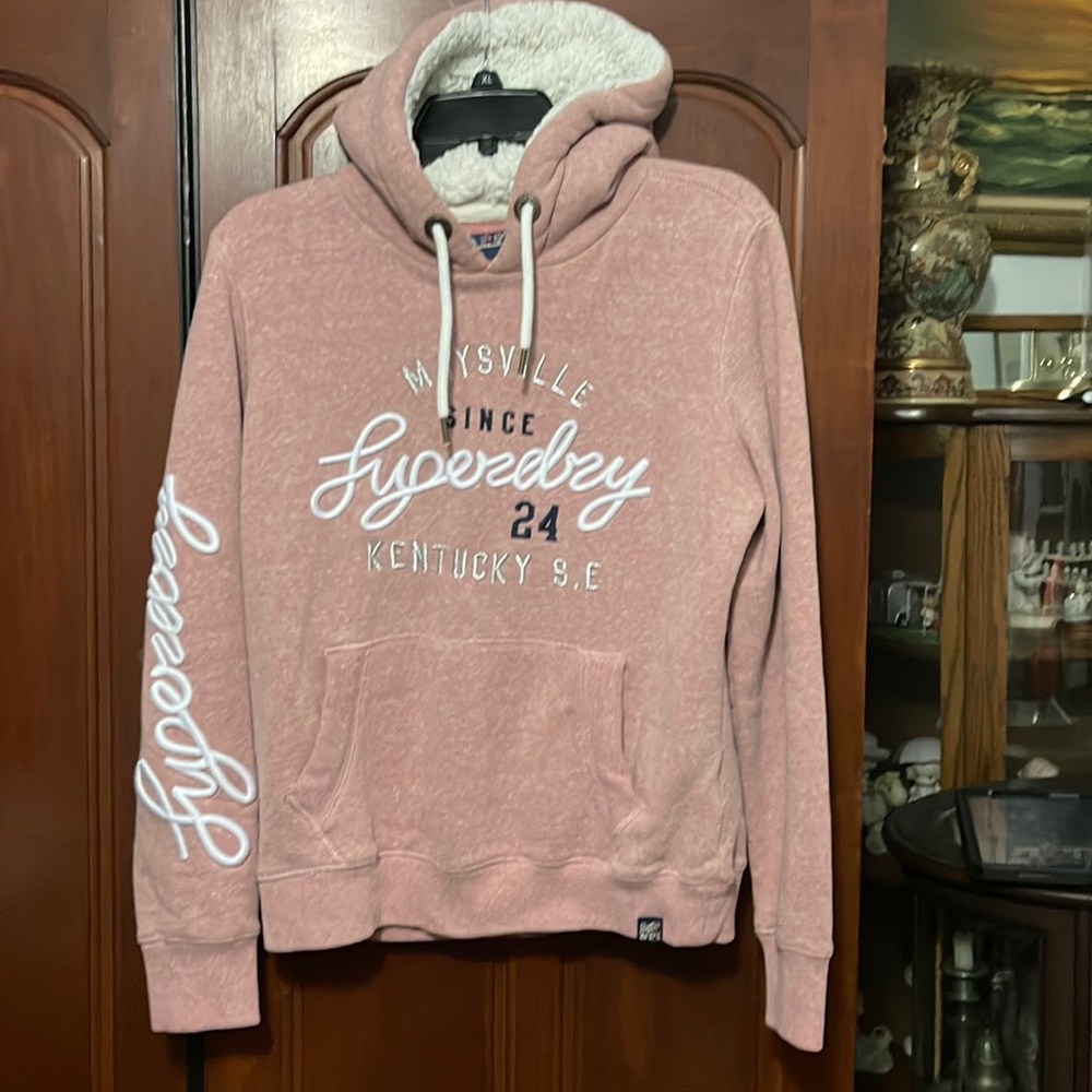 SuperDry Logo Front & Sleeved Pink Unique Borg Lined Hoodie Size 10